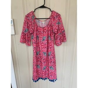 Simply Southern‎ Women's Pink Seashell Print Tassel Hem Bell Sleeve Dress